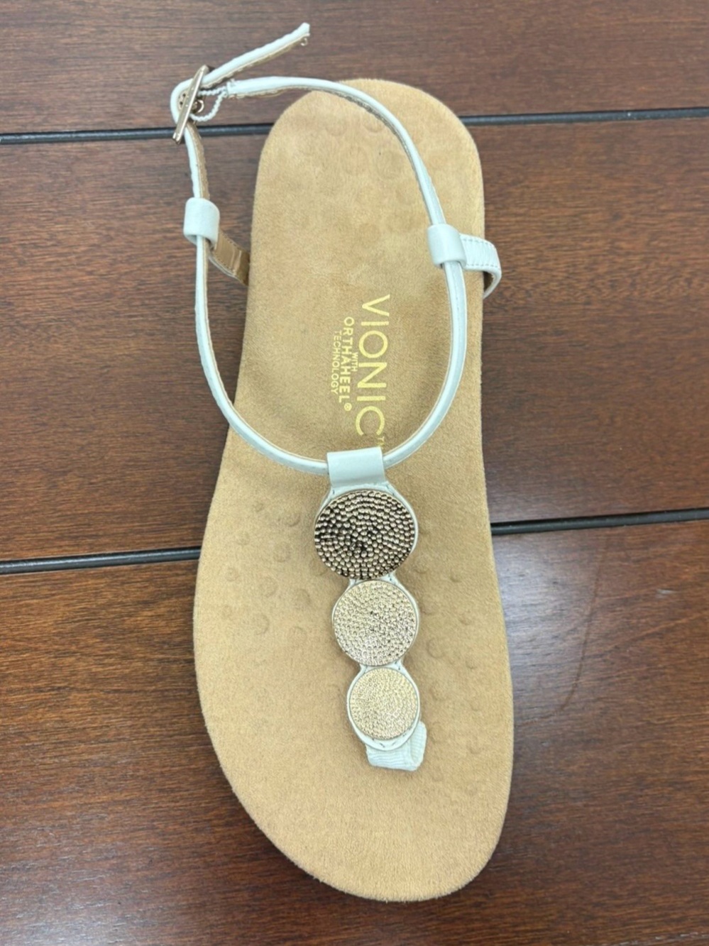 Vionic White/Gold or Natural Snake/Silver Sandal w/ Decorative Discs 7